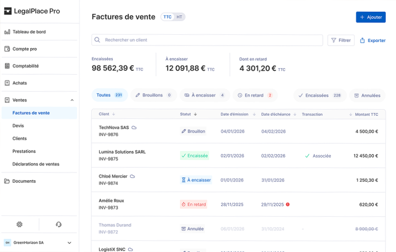 Logiciel facturation micro-entreprise comment — Interface d'un logiciel de facturation électronique conforme à la réforme 2026 pour micro-entrepreneurs avec tableau de bord et gestion des factures