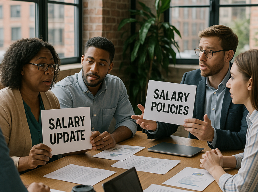 change juin 2026 entreprises — Des employés divers discutent des changements salariaux dans un bureau lumineux.