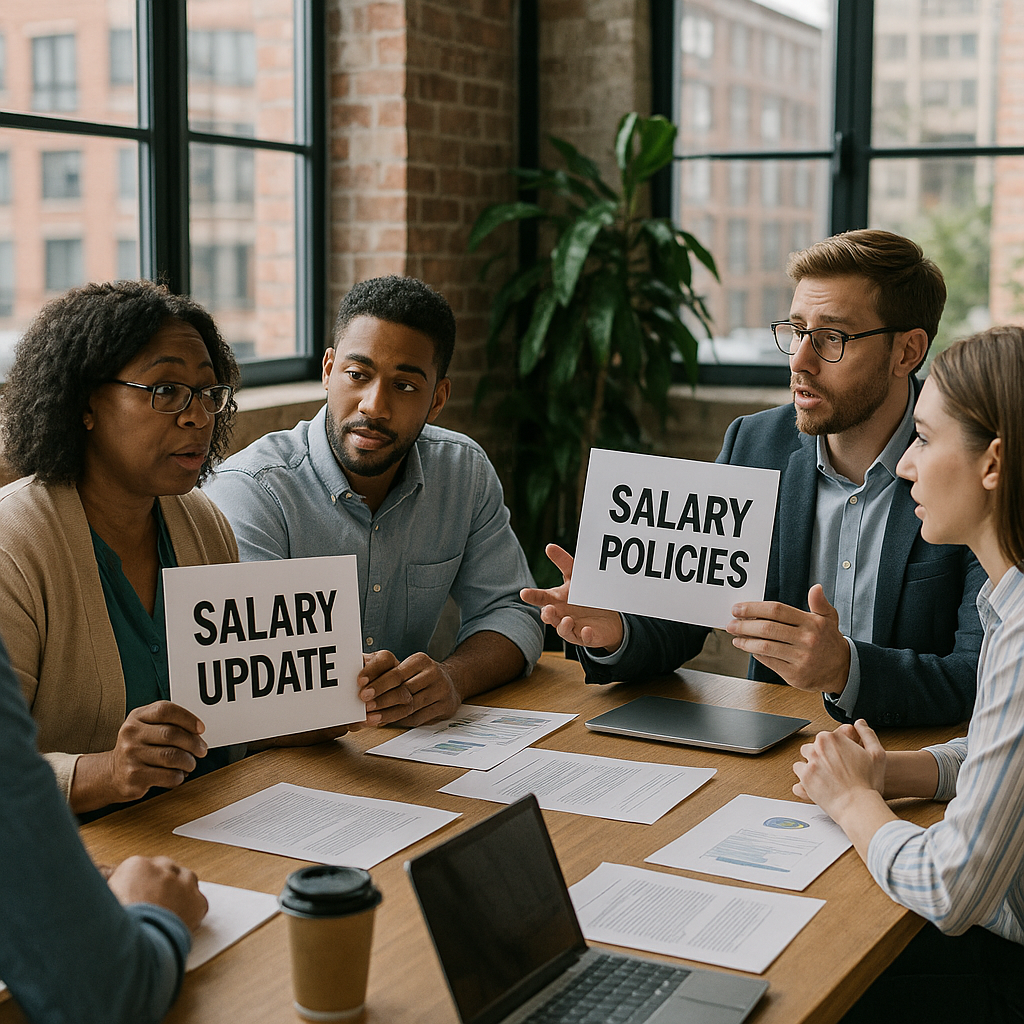 change juin 2026 entreprises — Des employés divers discutent des changements salariaux dans un bureau lumineux.