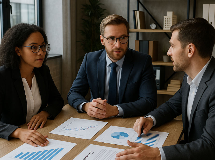 SELAFA guide complet société — Trois professionnels en discussion dans un bureau moderne, symbolisant la structure de la SELAFA.