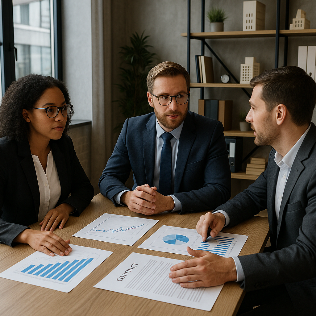 SELAFA guide complet société — Trois professionnels en discussion dans un bureau moderne, symbolisant la structure de la SELAFA.