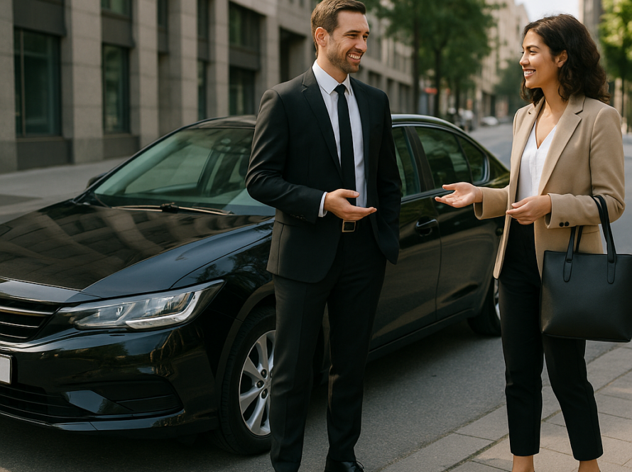 Leasing VTC prix, conditions — Un véhicule VTC moderne garé dans une rue urbaine avec un chauffeur professionnel.
