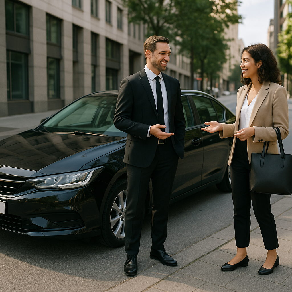 Leasing VTC prix, conditions — Un véhicule VTC moderne garé dans une rue urbaine avec un chauffeur professionnel.