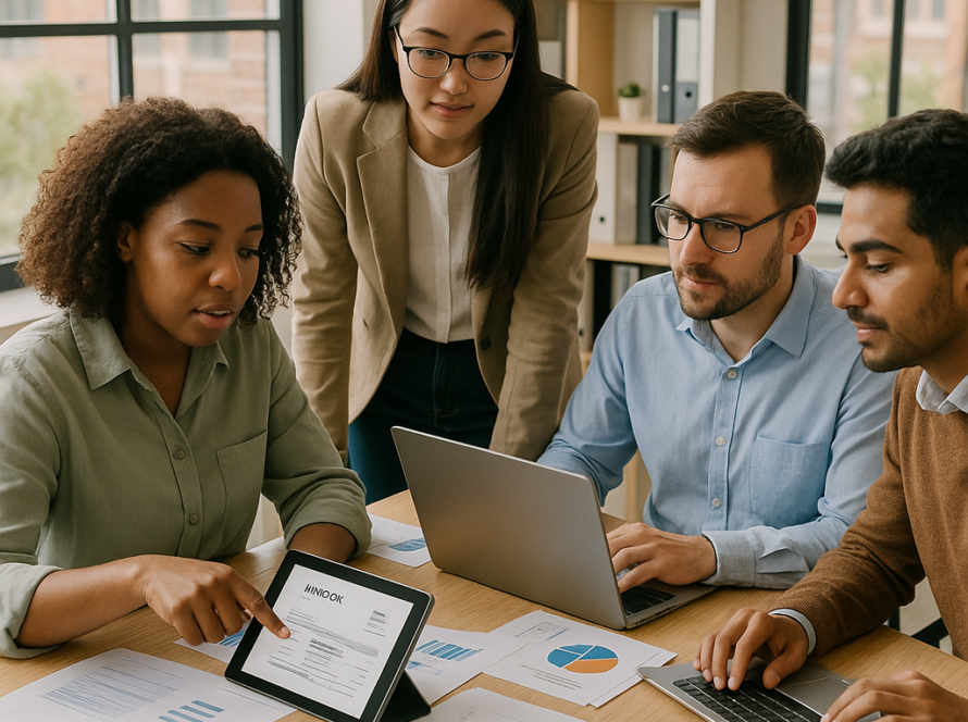 SIC 457 profession comptable — Des comptables collaborant sur des solutions de facturation électronique dans un bureau ensoleillé.