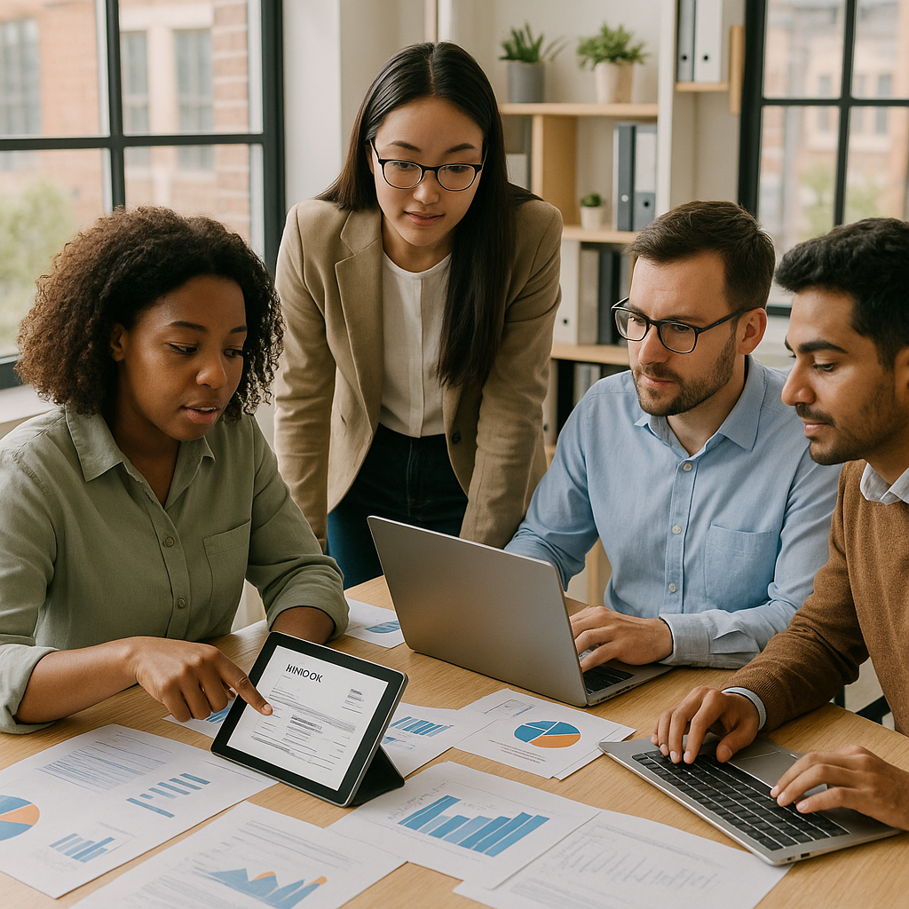 SIC 457 profession comptable — Des comptables collaborant sur des solutions de facturation électronique dans un bureau ensoleillé.