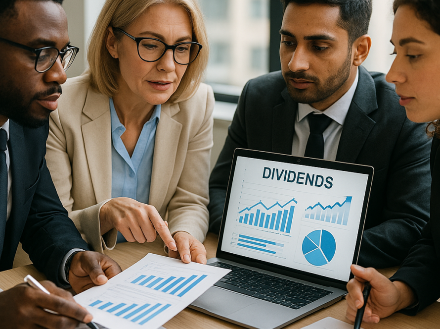 Versement dividendes procédure, délais — Groupe d'entrepreneurs discutant de documents financiers dans un bureau moderne.