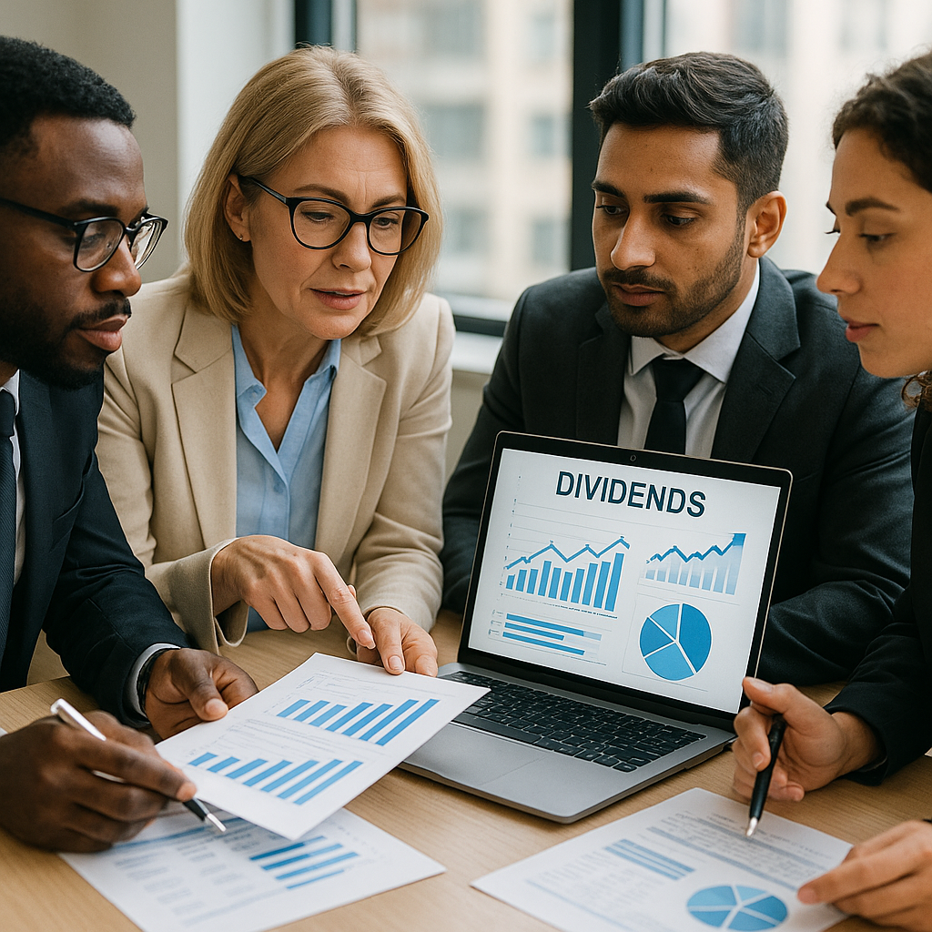 Versement dividendes procédure, délais — Groupe d'entrepreneurs discutant de documents financiers dans un bureau moderne.