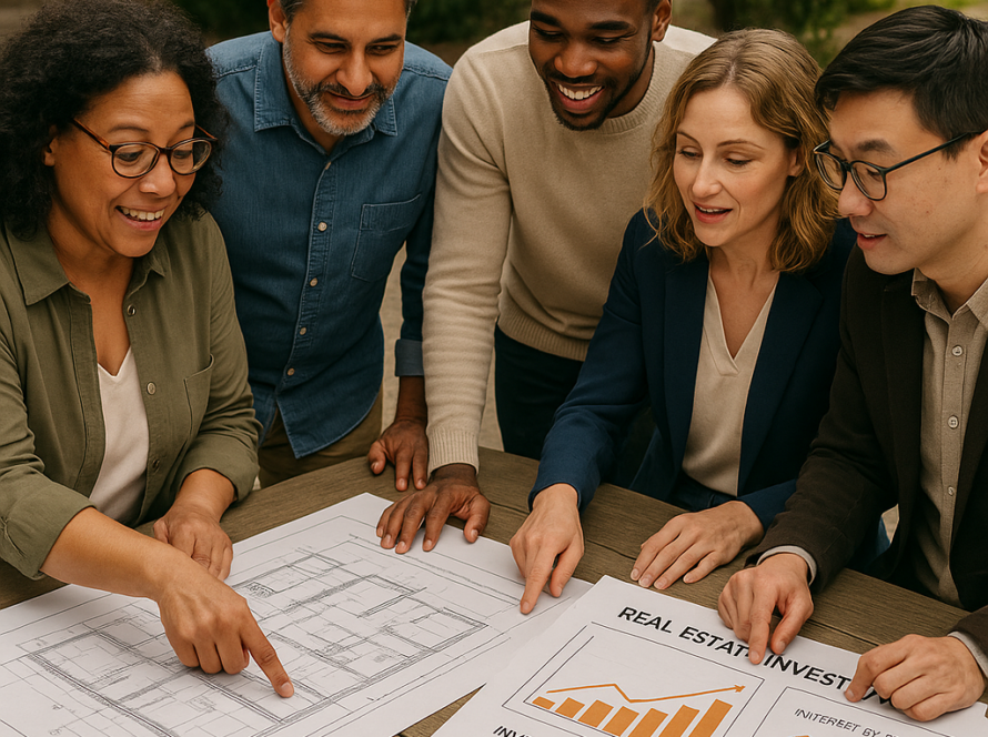 Investissement locatif panorama complet — Groupe de personnes discutant des stratégies d'investissement immobilier en extérieur.