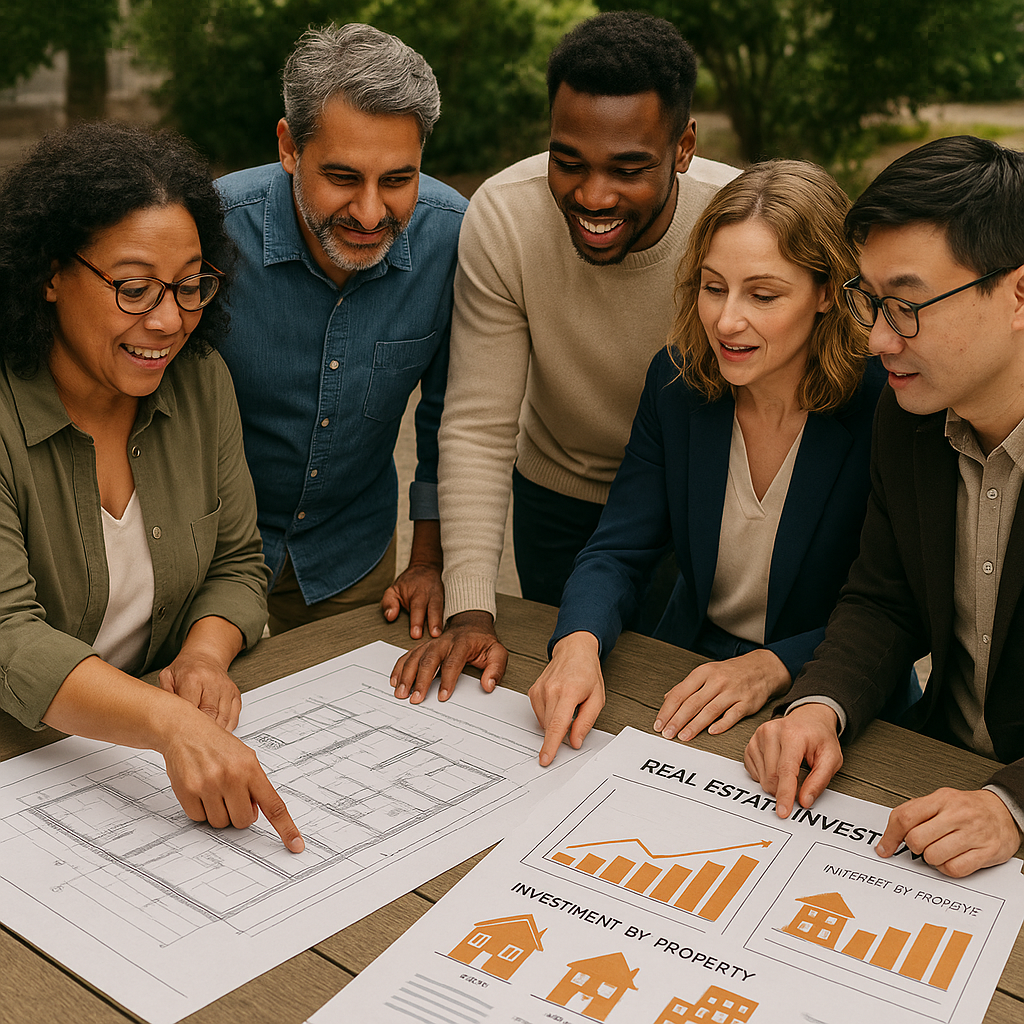 Investissement locatif panorama complet — Groupe de personnes discutant des stratégies d'investissement immobilier en extérieur.