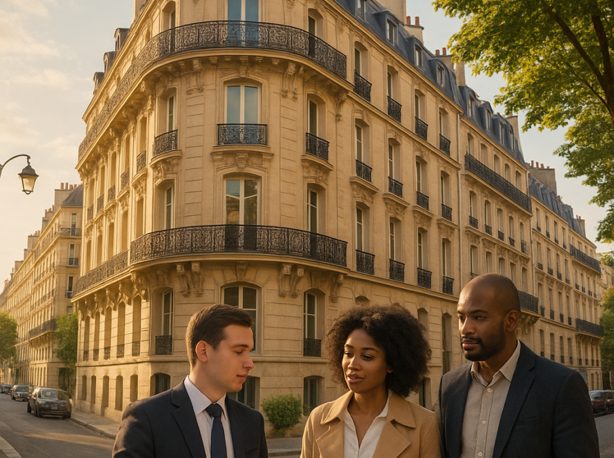 SCI SASU quel statut — Professionnels discutant d'investissement immobilier dans une rue parisienne ensoleillée.