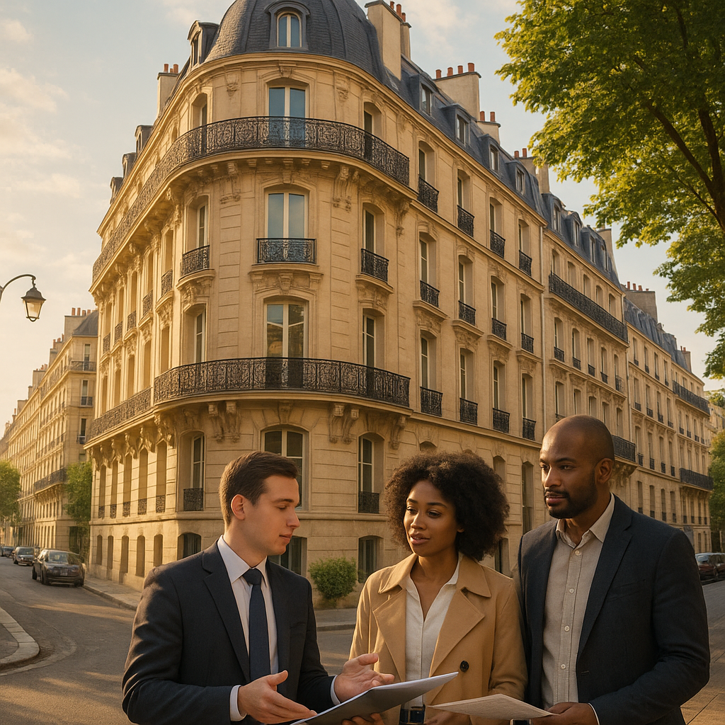 SCI SASU quel statut — Professionnels discutant d'investissement immobilier dans une rue parisienne ensoleillée.