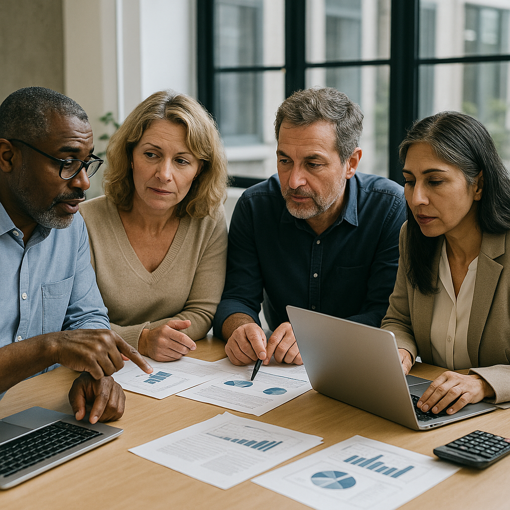 comparateur assurance vie — Groupe de personnes discutant de stratégies d'investissement.