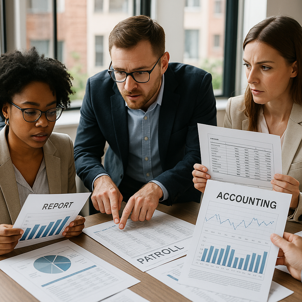 prélèvement source — Réunion de professionnels en finances dans un bureau lumineux.