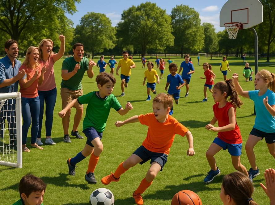 Pass Sport 2026-2027 — Des enfants играют au basketball et au football dans un parc ensoleillé.