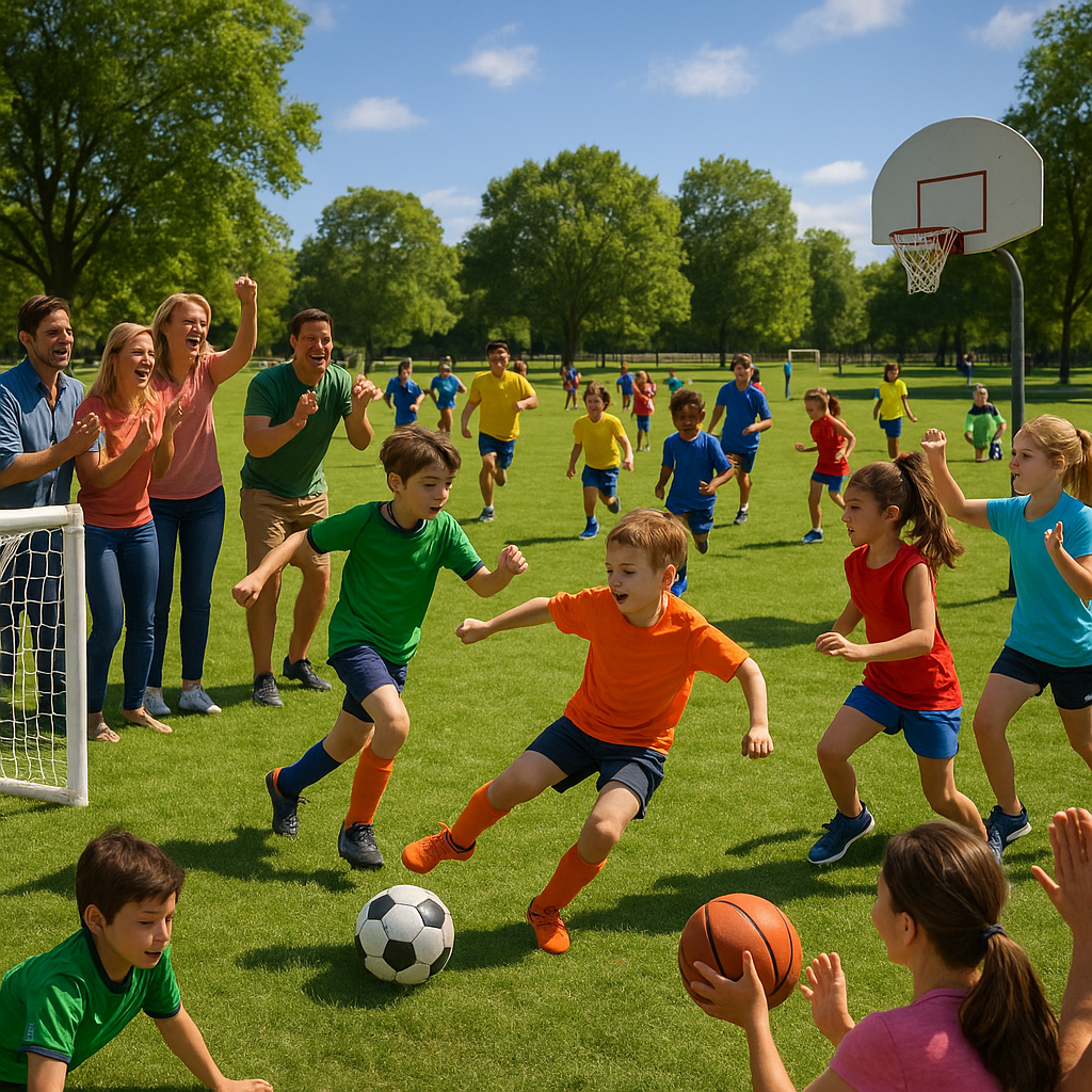 Pass Sport 2026-2027 — Des enfants играют au basketball et au football dans un parc ensoleillé.